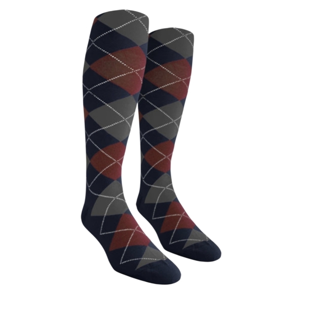 Mi Argyle Knee-High Socks - Navy, Gray & Burgundy One Pair